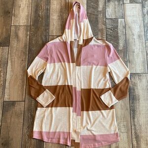 Tru Self Striped Pink Cream and Brown Women's open front long cardigan